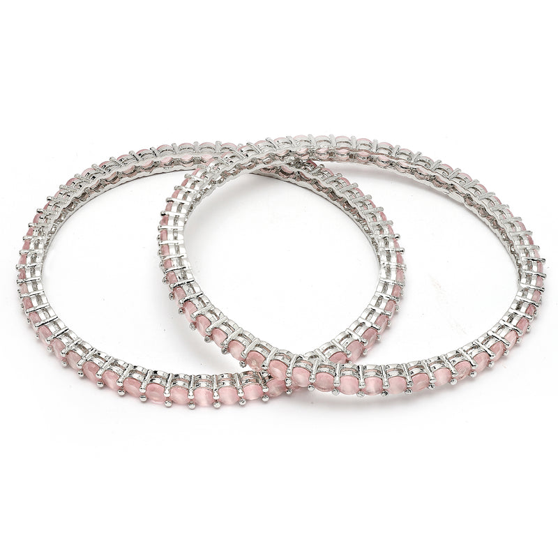 Rhodium Plated Pink American Diamond Studded Thin Bangles