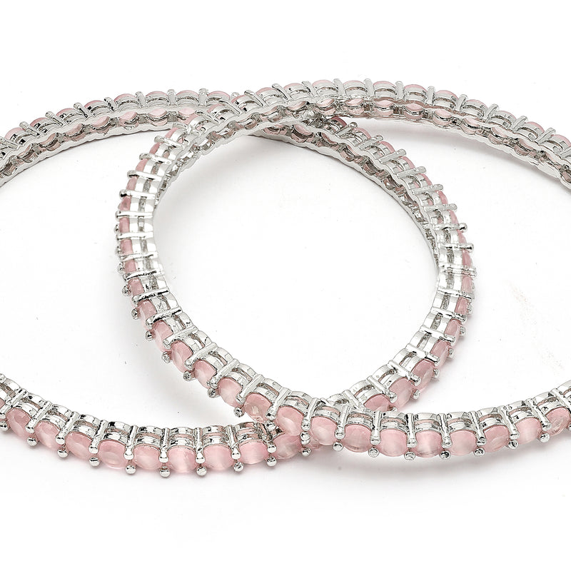 Rhodium Plated Pink American Diamond Studded Thin Bangles