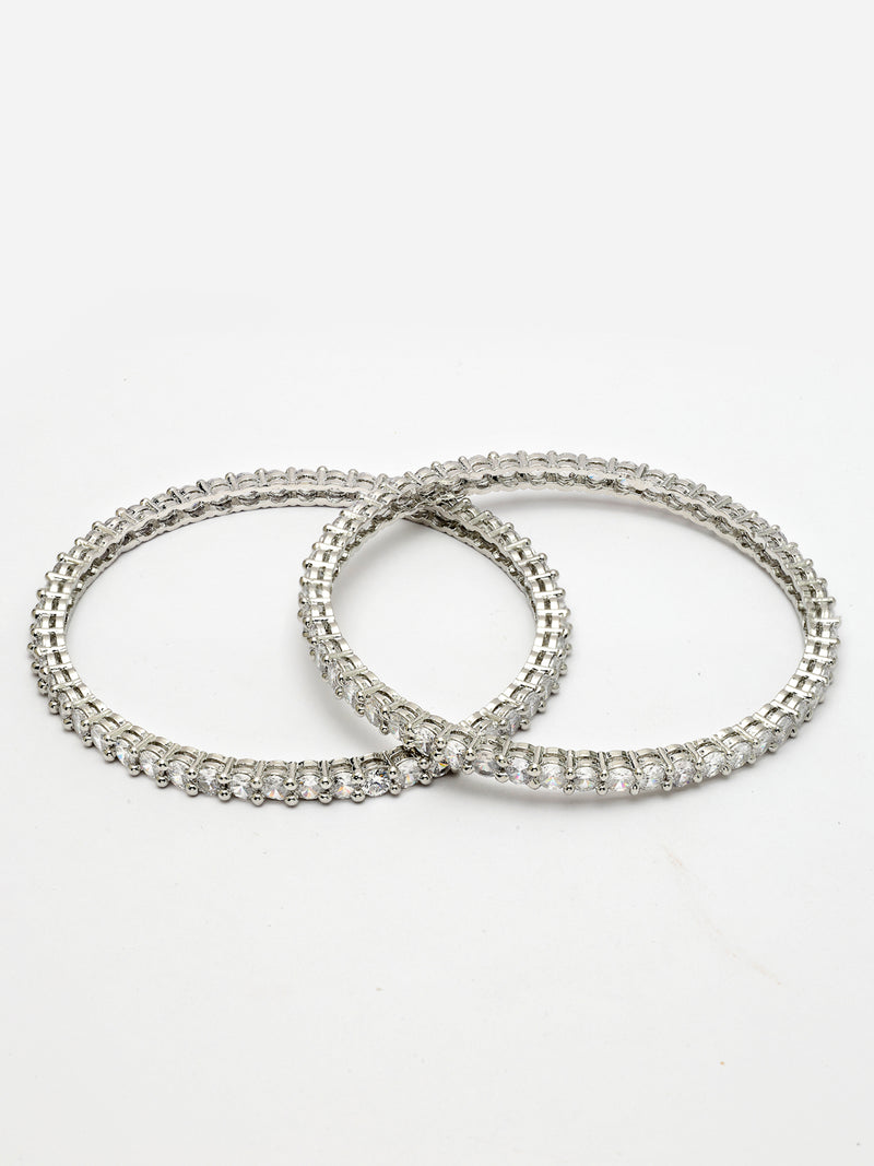 Rhodium Plated with White American Diamond Studded Thin Bangles