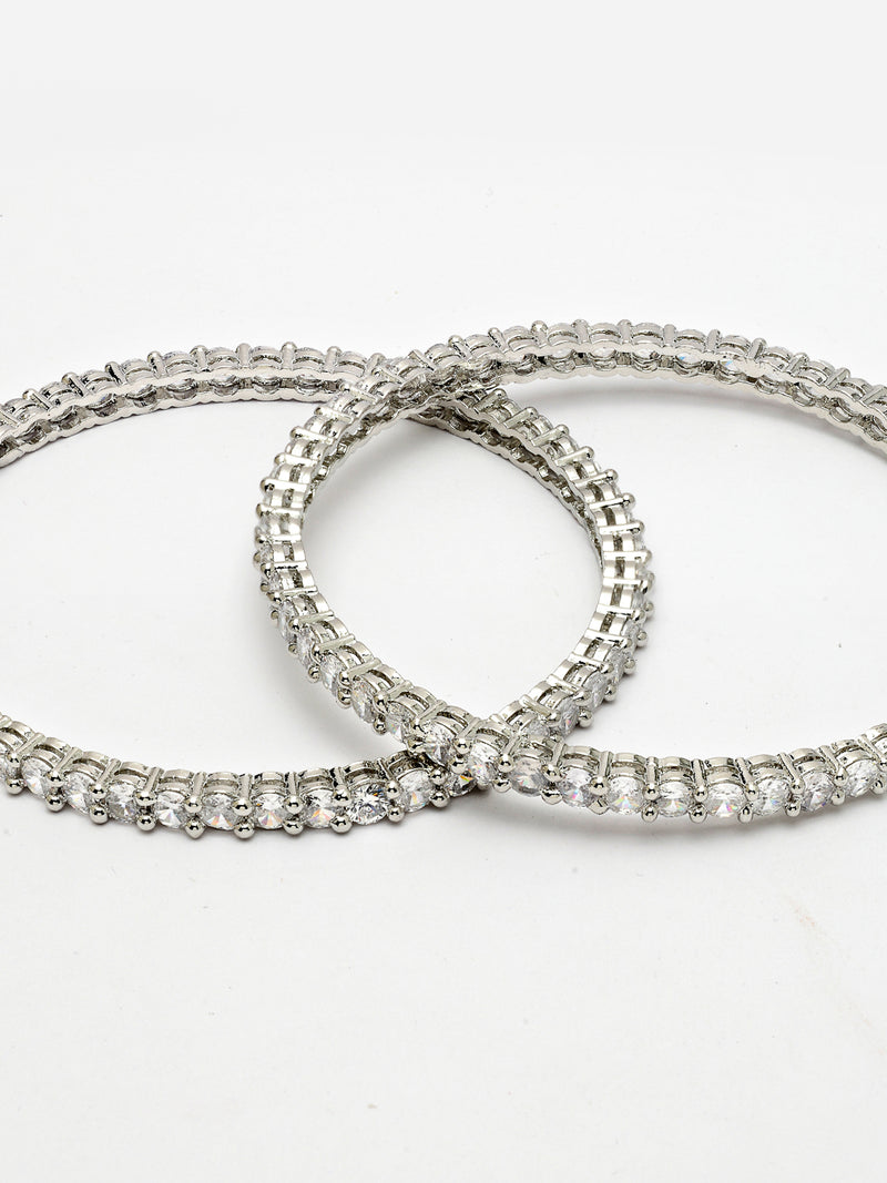 Rhodium Plated with White American Diamond Studded Thin Bangles