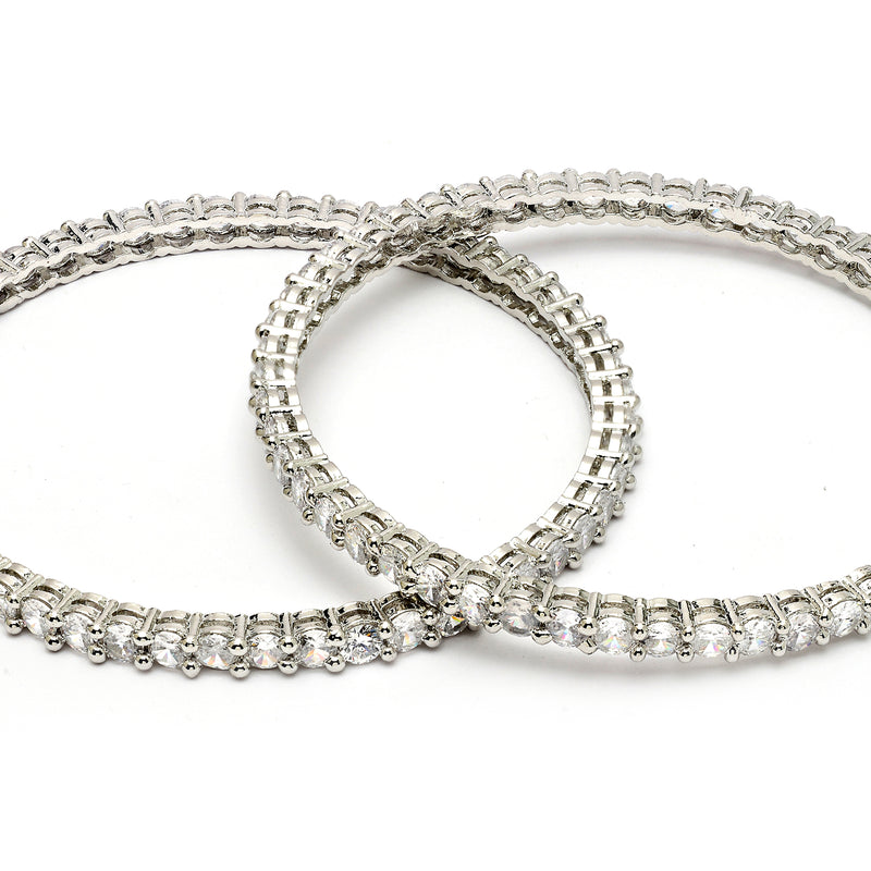 Rhodium Plated White American Diamond Studded Thin Bangles