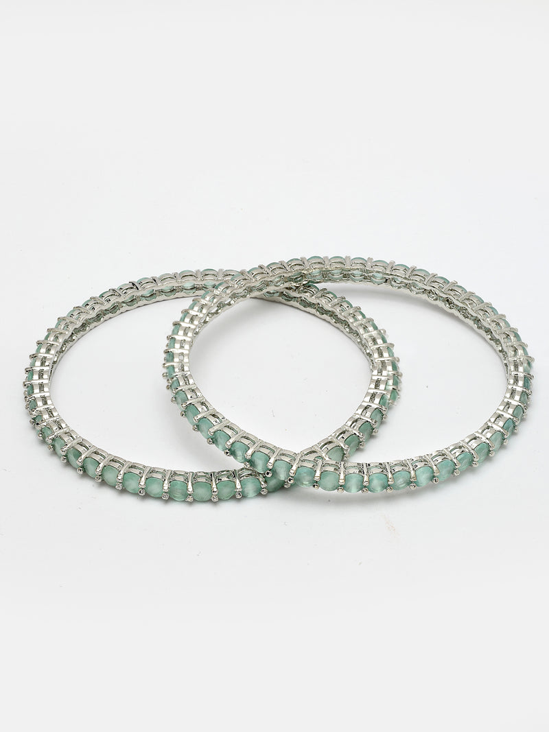 Rhodium Plated with Sea Green American Diamond Studded Thin Bangles