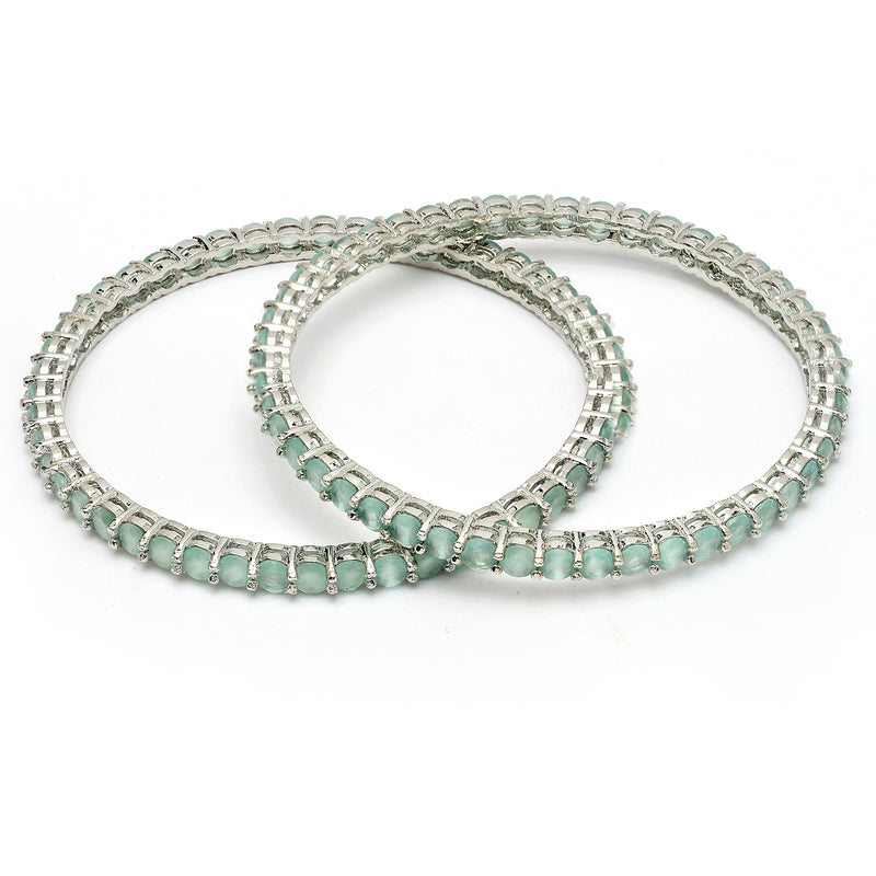 Rhodium Plated Sea Green American Diamond Studded Thin Bangles