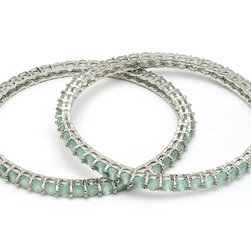 Rhodium Plated Sea Green American Diamond Studded Thin Bangles