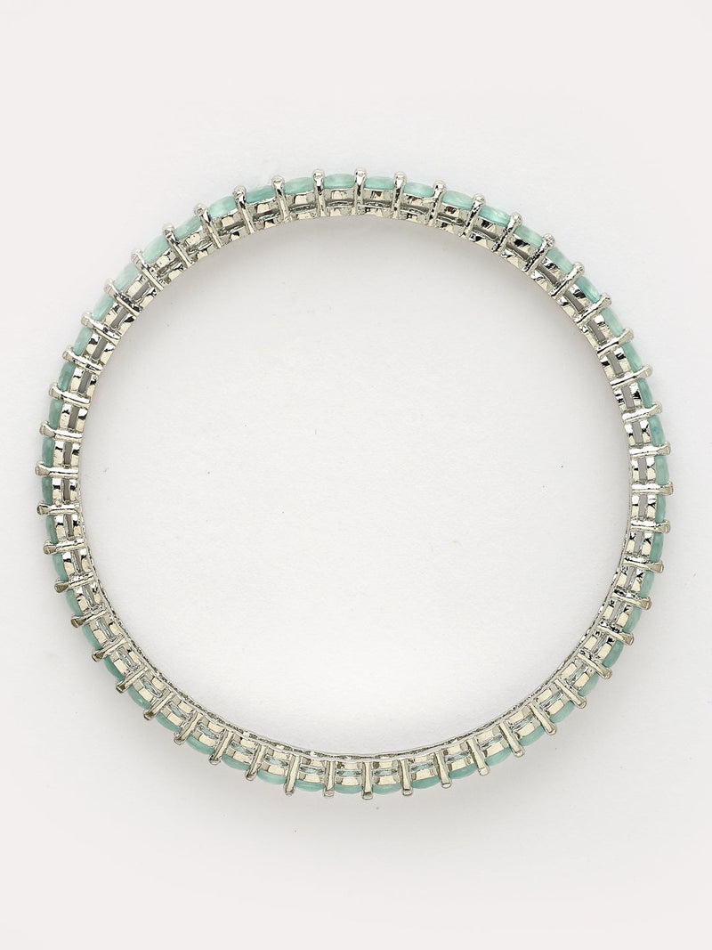 Rhodium Plated Sea Green American Diamond Studded Thin Bangles