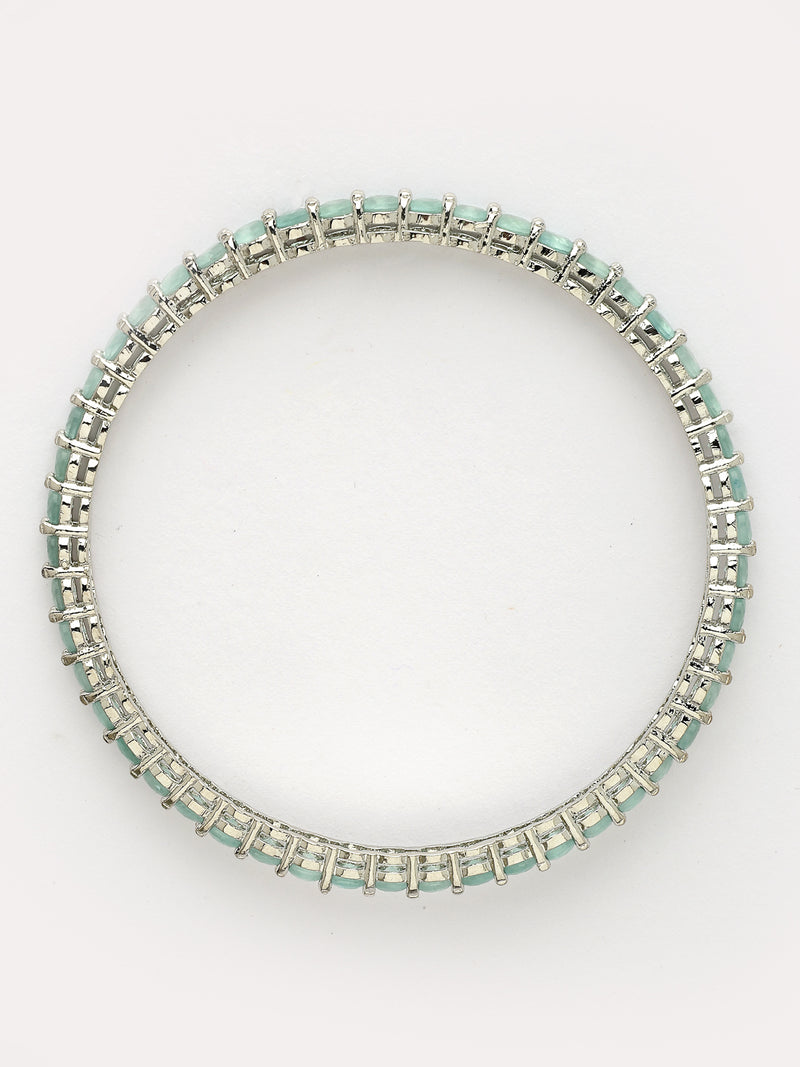 Rhodium Plated with Sea Green American Diamond Studded Thin Bangles