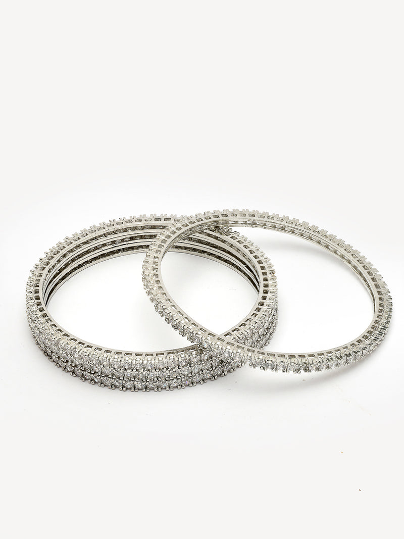 Rhodium Plated with Small White American Diamond Studded Thin Bangles