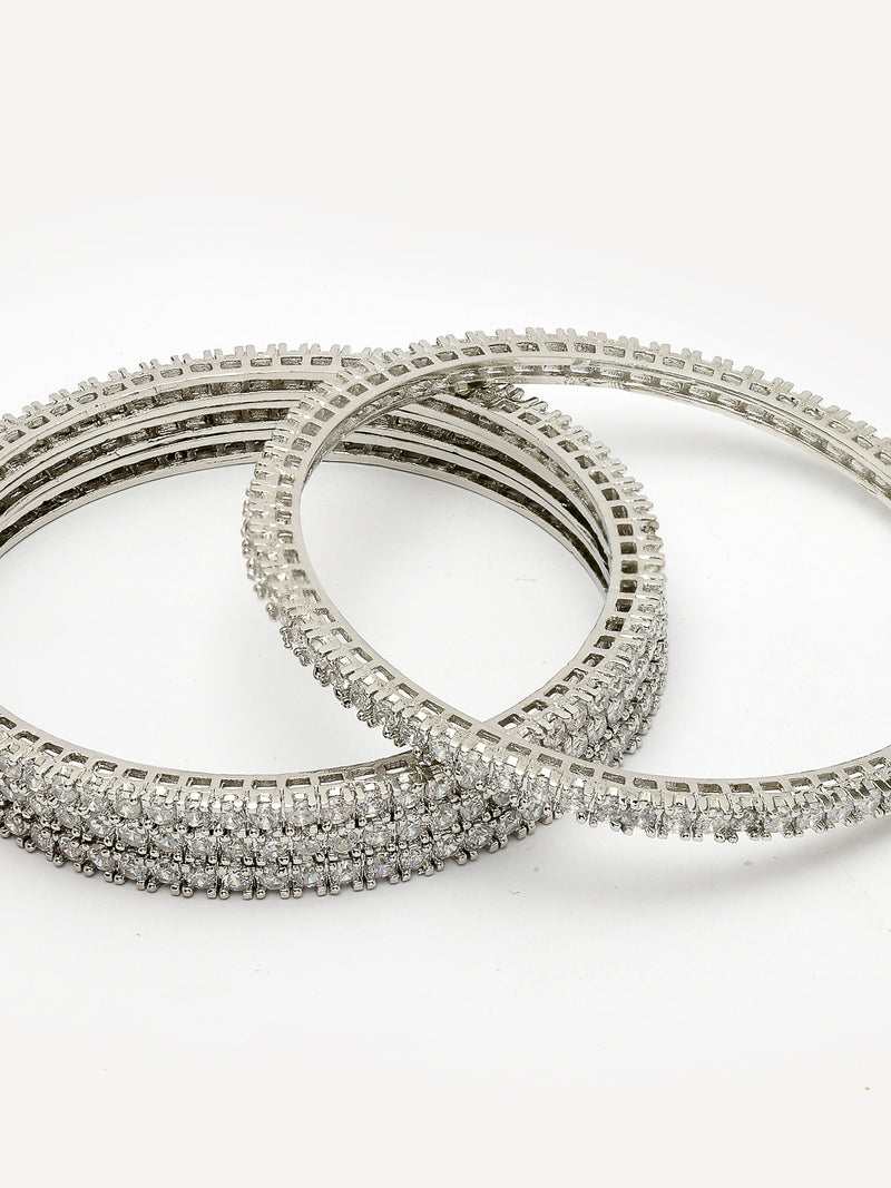 Rhodium Plated with Small White American Diamond Studded Thin Bangles