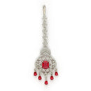 Rhodium Plated Silver Toned Leaf Teardrop Shaped Red American Diamond Studded Maang Tikka