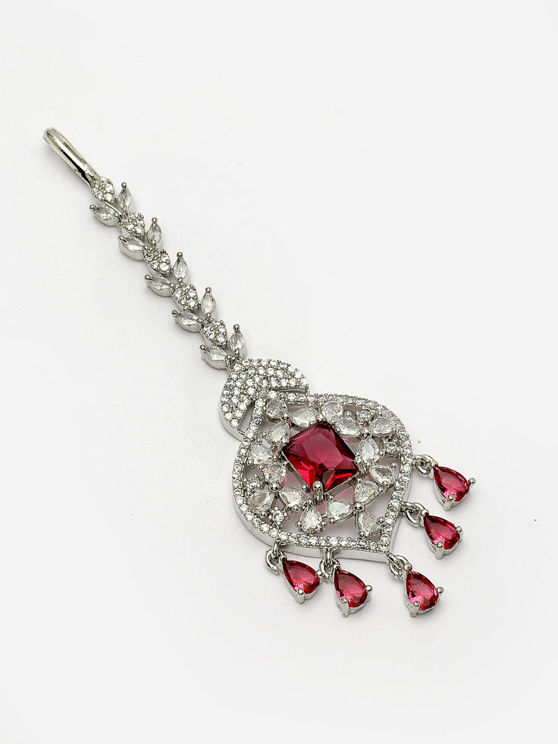 Rhodium Plated Silver Toned Leaf Teardrop Shaped Red American Diamond Studded Maang Tikka