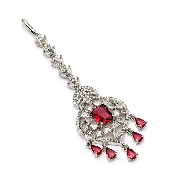 Rhodium Plated Silver Toned Leaf Teardrop Shaped Red American Diamond Studded Maang Tikka