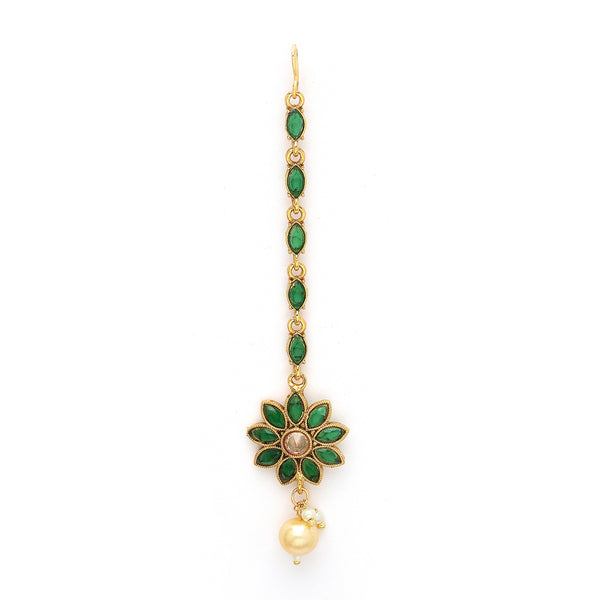 Gold Plated Green Pearl Studded Maang Tikka