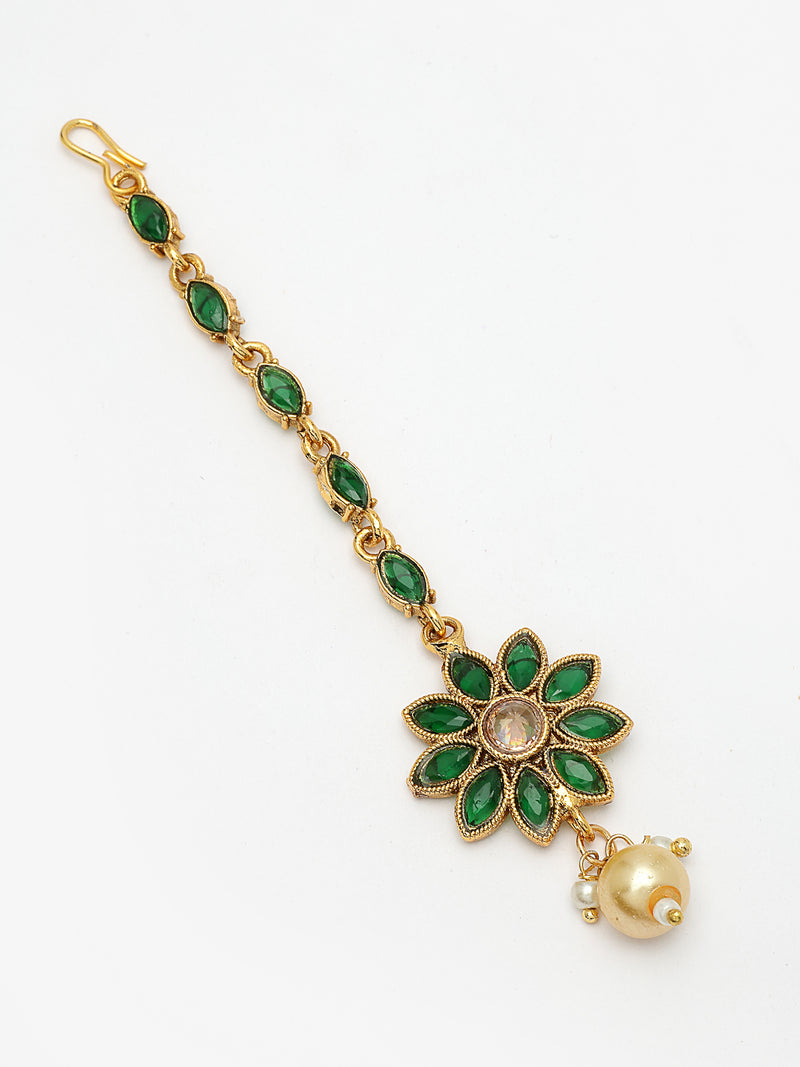 Gold Plated with Green Cubic Zirconia & Pearl Studded Maang Tikka