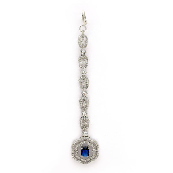 Rhodium Plated Silver Toned  Floral Blue American Diamond Studded  Maang Tikka