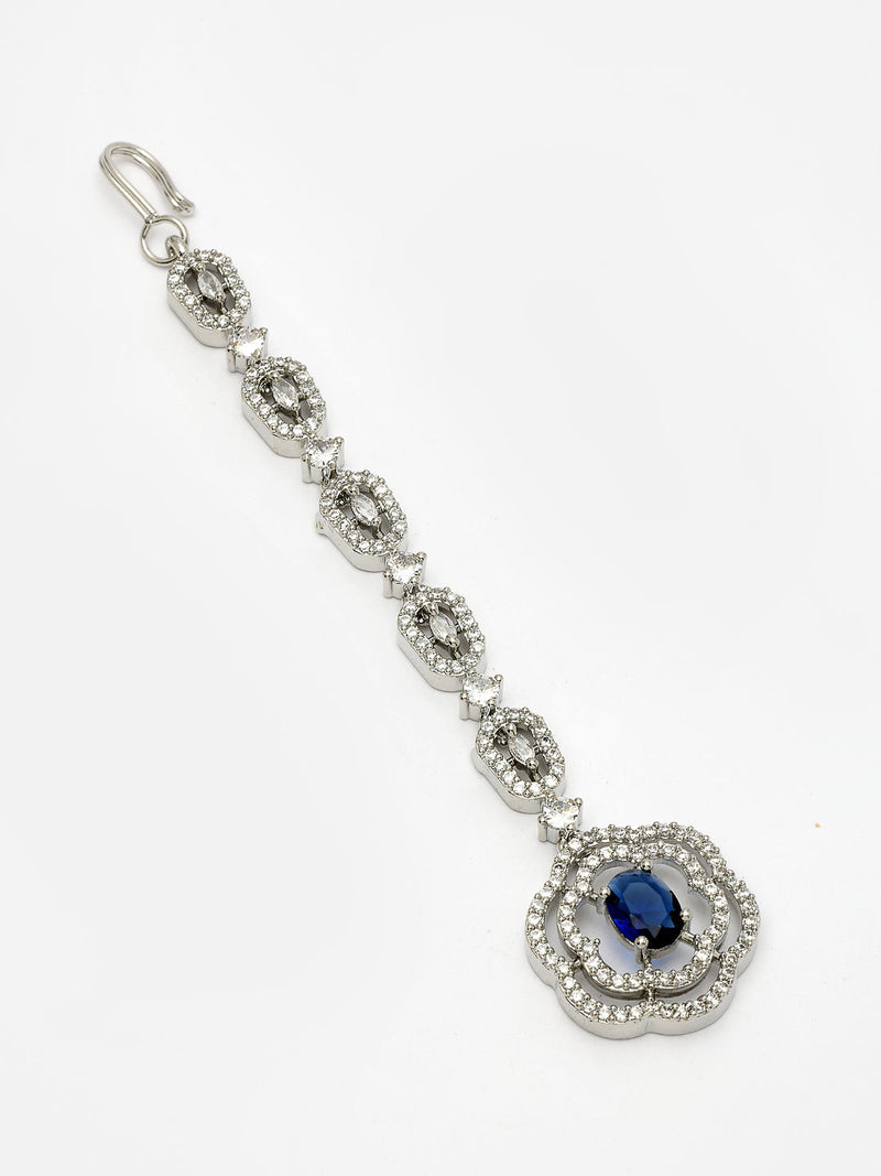 Rhodium Plated Silver Toned  Floral Blue American Diamond Studded  Maang Tikka