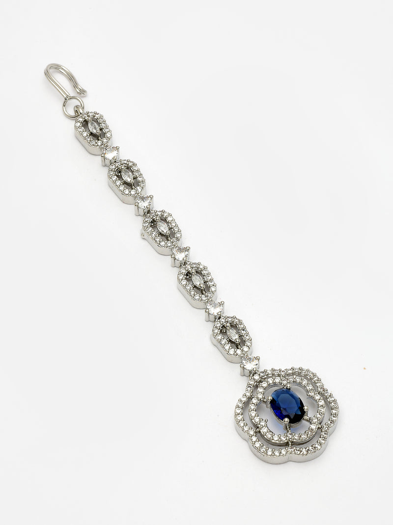 Rhodium Plated with White & Blue American Diamond Studded Floral Design Maang Tikka