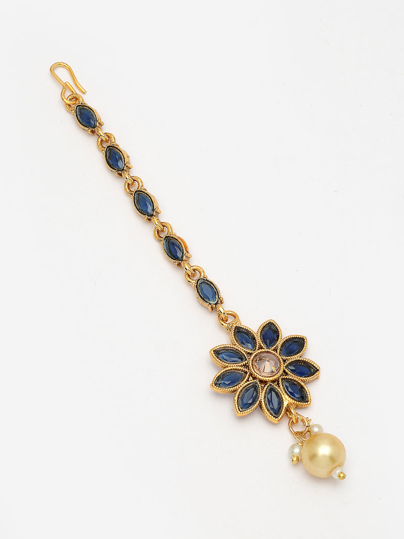 Gold Plated with Blue Cubic Zirconia & Pearl Studded Maang Tikka