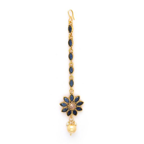 Gold Plated Blue Pearl Studded Maang Tikka