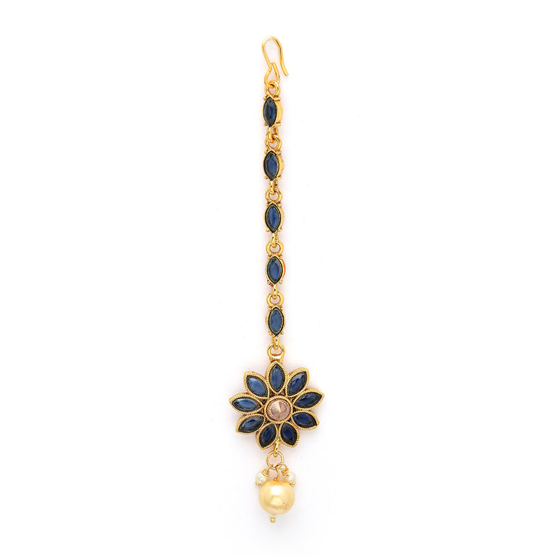 Gold Plated Blue Pearl Studded Maang Tikka