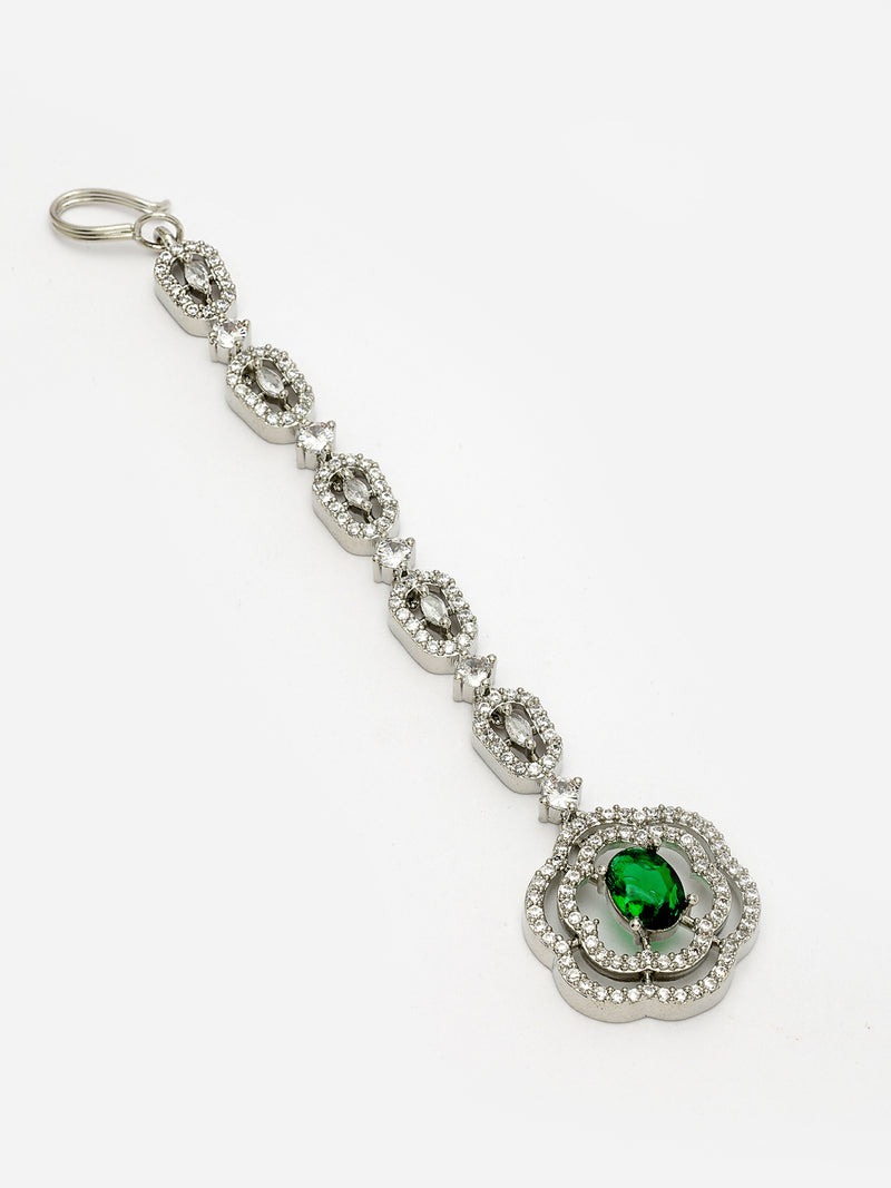 Rhodium Plated with White & Green American Diamond Studded Floral Design Maang Tikka