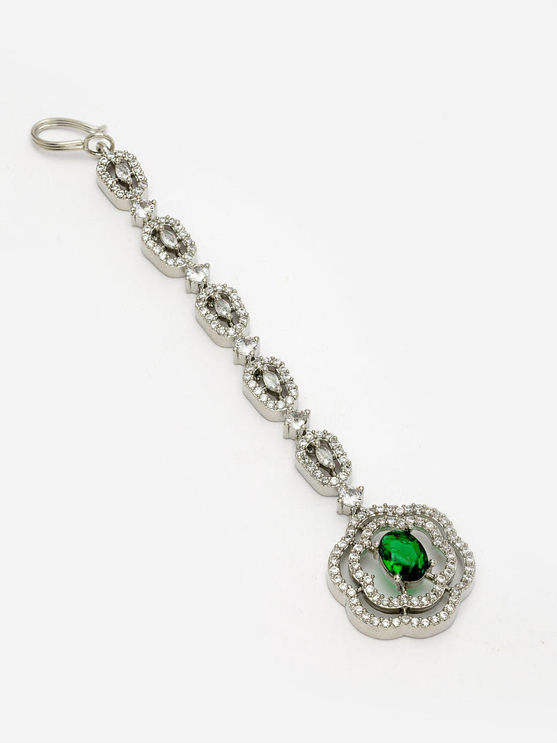 Rhodium Plated Silver Toned Round Floral Green American Diamond Studded Maang Tikka