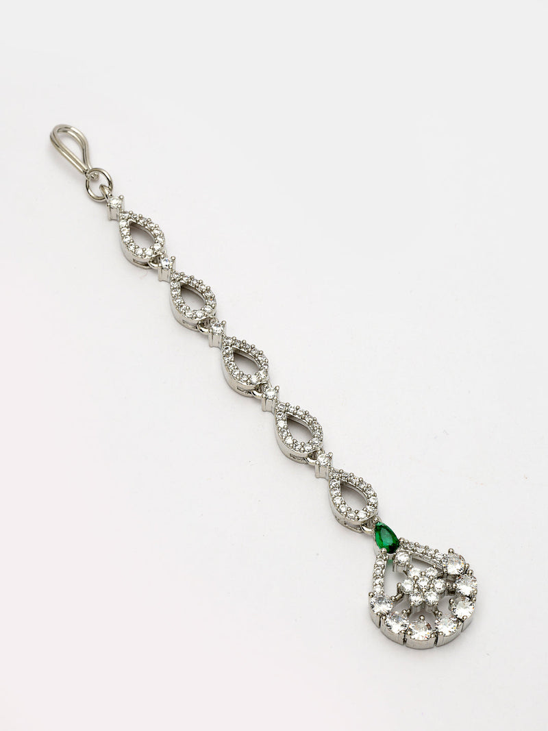 Rhodium Plated Silver Toned Teardrop Shaped Green American Diamond Studded Maang Tikka