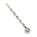 Rhodium Plated Silver Toned Teardrop Shaped Green American Diamond Studded Maang Tikka
