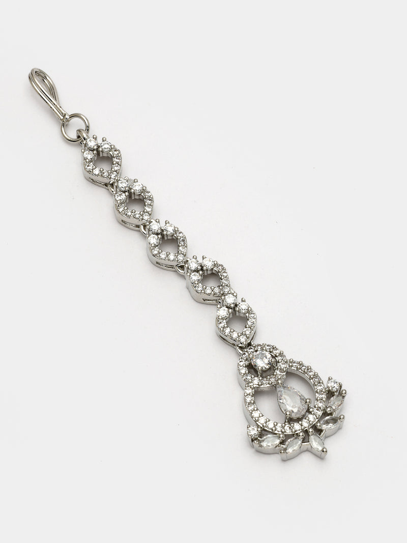 Rhodium Plated with White American Diamond Studded Stylish Maang Tikka