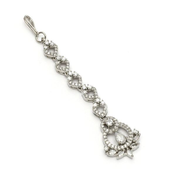 Rhodium Plated Silver Toned  Round & Teardrop Shaped White American Diamond Studded Maang Tikka