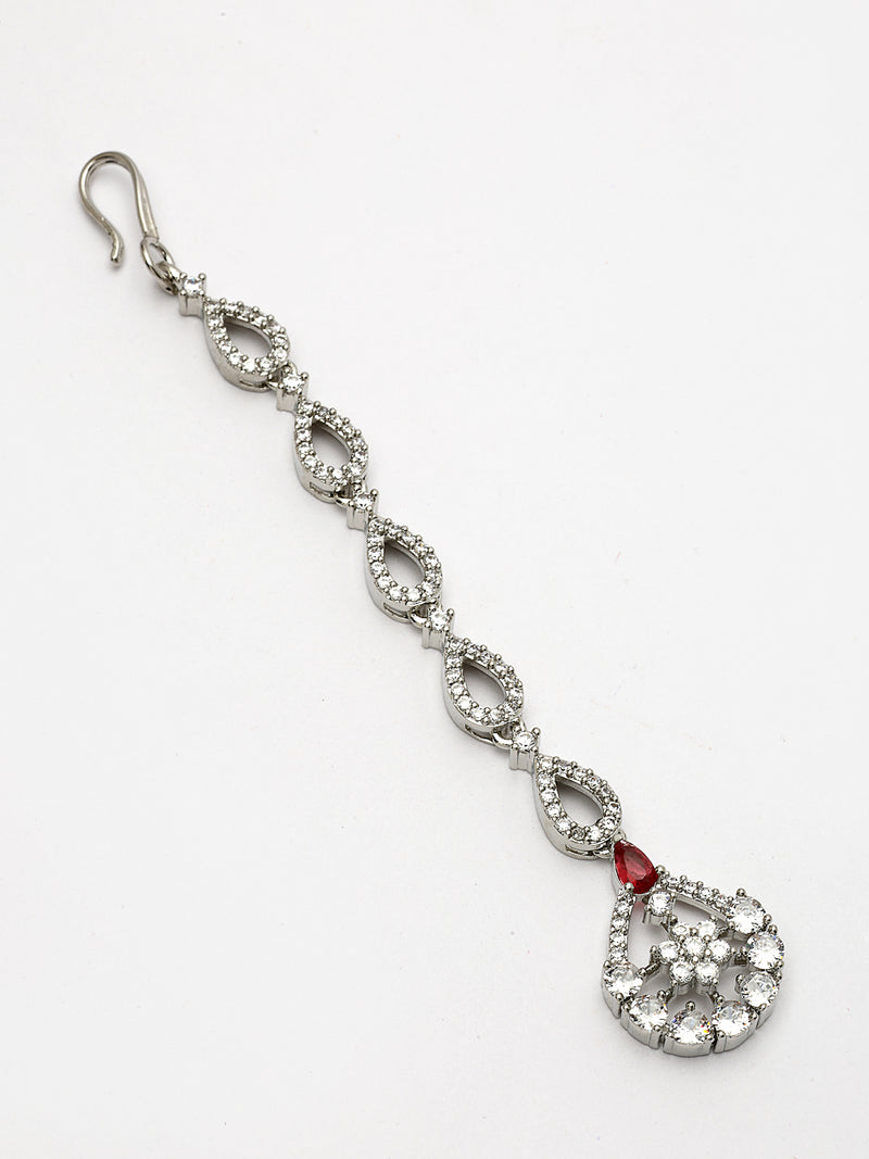 Rhodium Plated with Red & White American Diamond Studded Tear Drop Design Maang Tikka