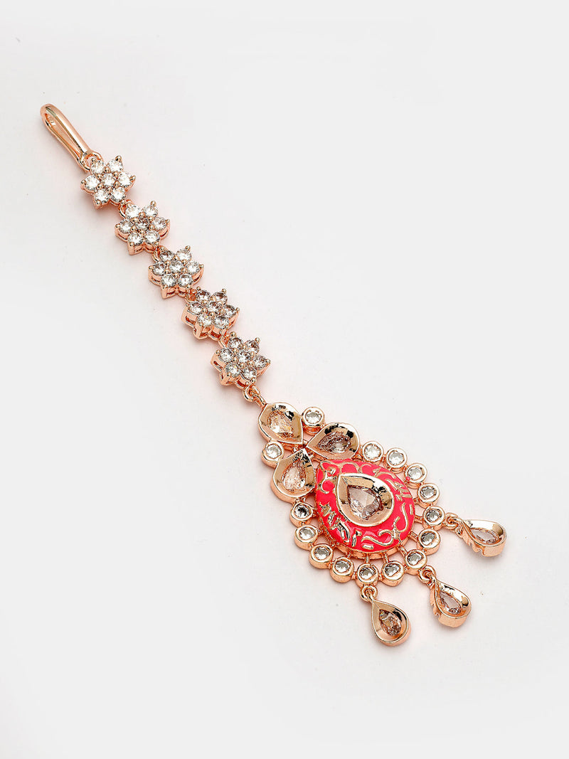 Rose Gold Plated Teardrop Design American Diamonds Studded Maang Tikka
