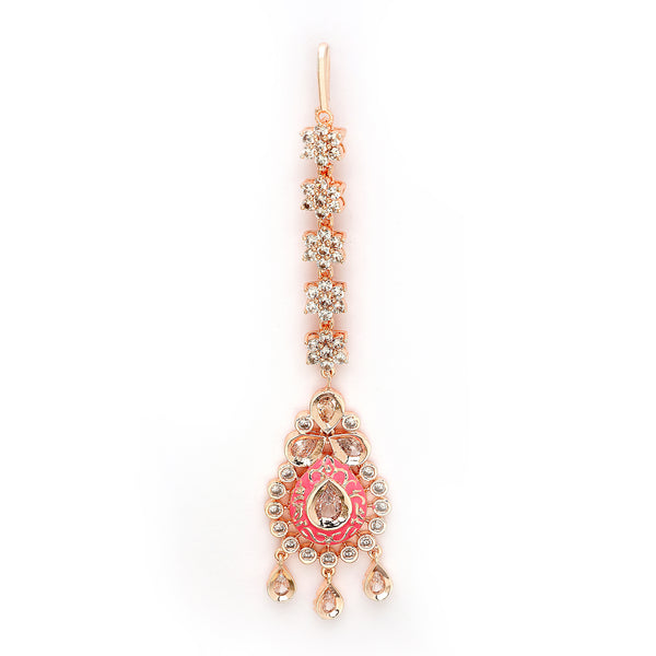 Rose Gold Plated Teardrop Design American Diamonds Studded Maang Tikka