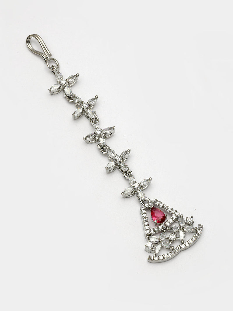 Rhodium Plated Silver Toned Triangle Shaped Red American Diamond Studded Maang Tikka