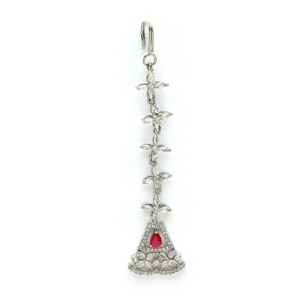 Rhodium Plated Silver Toned Triangle Shaped Red American Diamond Studded Maang Tikka