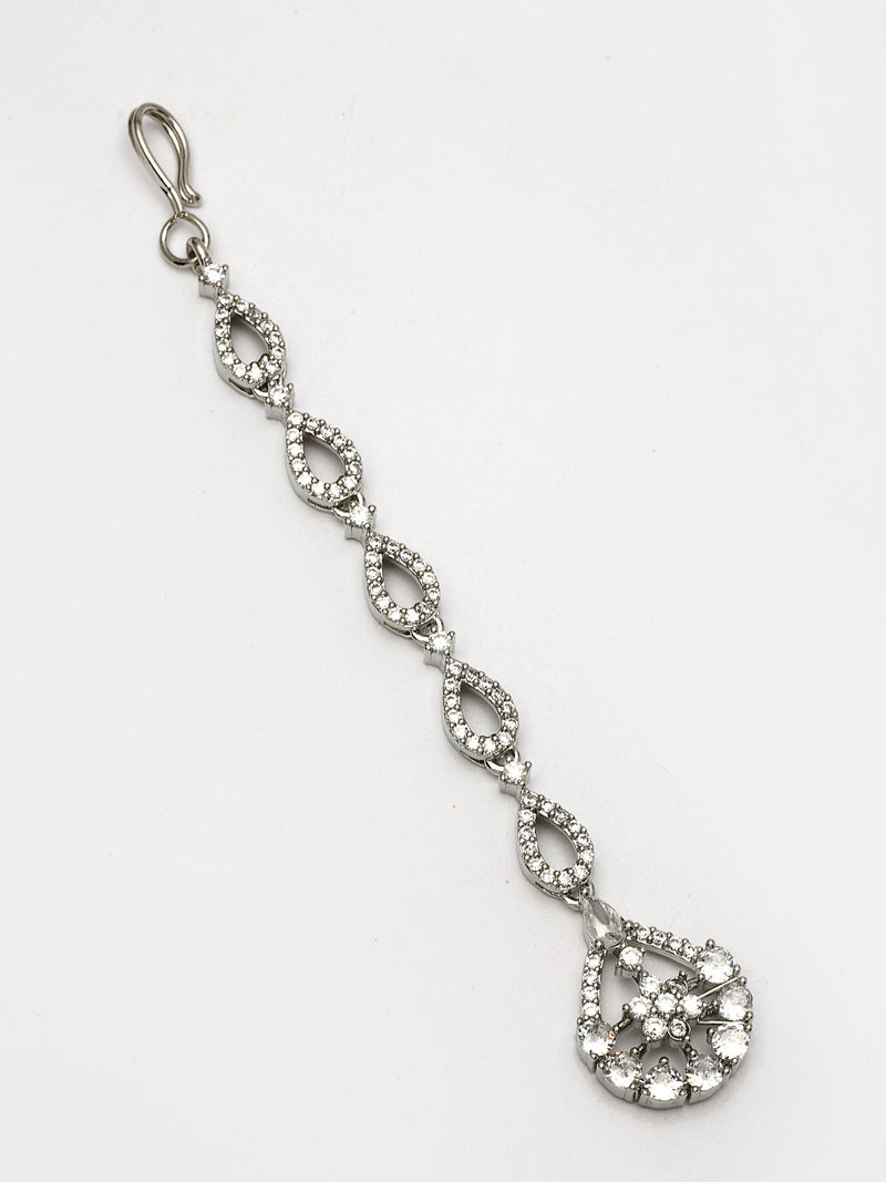 Rhodium Plated Silver Toned Teardrop Shaped White American Diamond Studded Maang Tikka