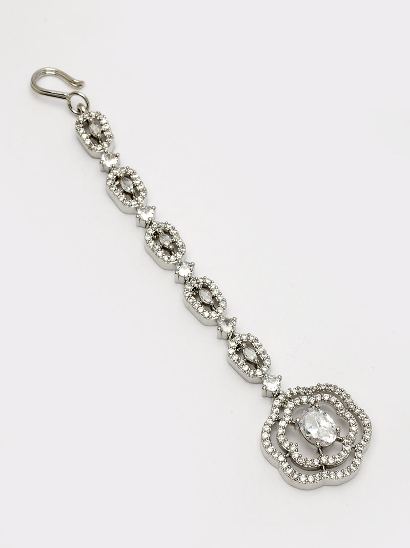 Rhodium Plated with White American Diamond Studded Floral Design Maang Tikka