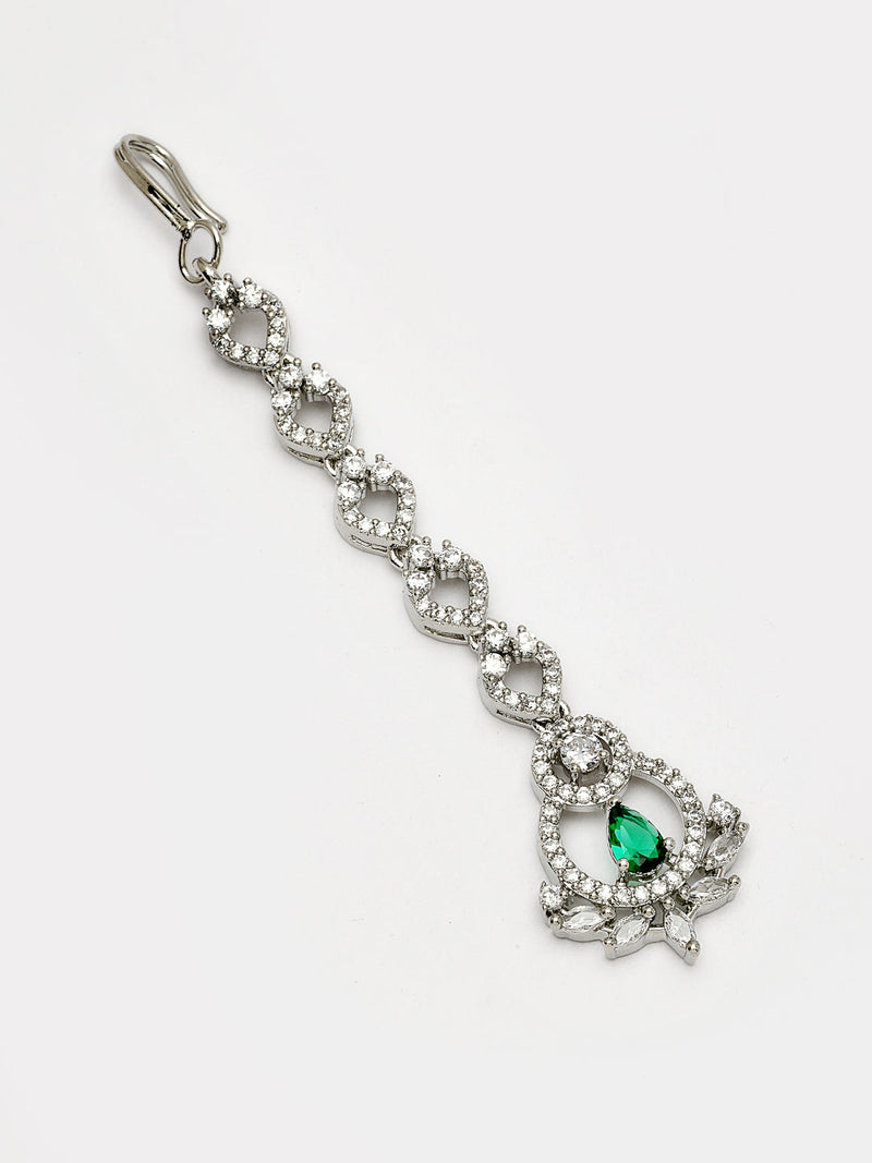 Rhodium Plated Silver Toned  Round & Teardrop Shaped Green American Diamond Studded Maang Tikka
