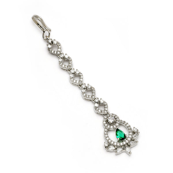Rhodium Plated Silver Toned  Round & Teardrop Shaped Green American Diamond Studded Maang Tikka