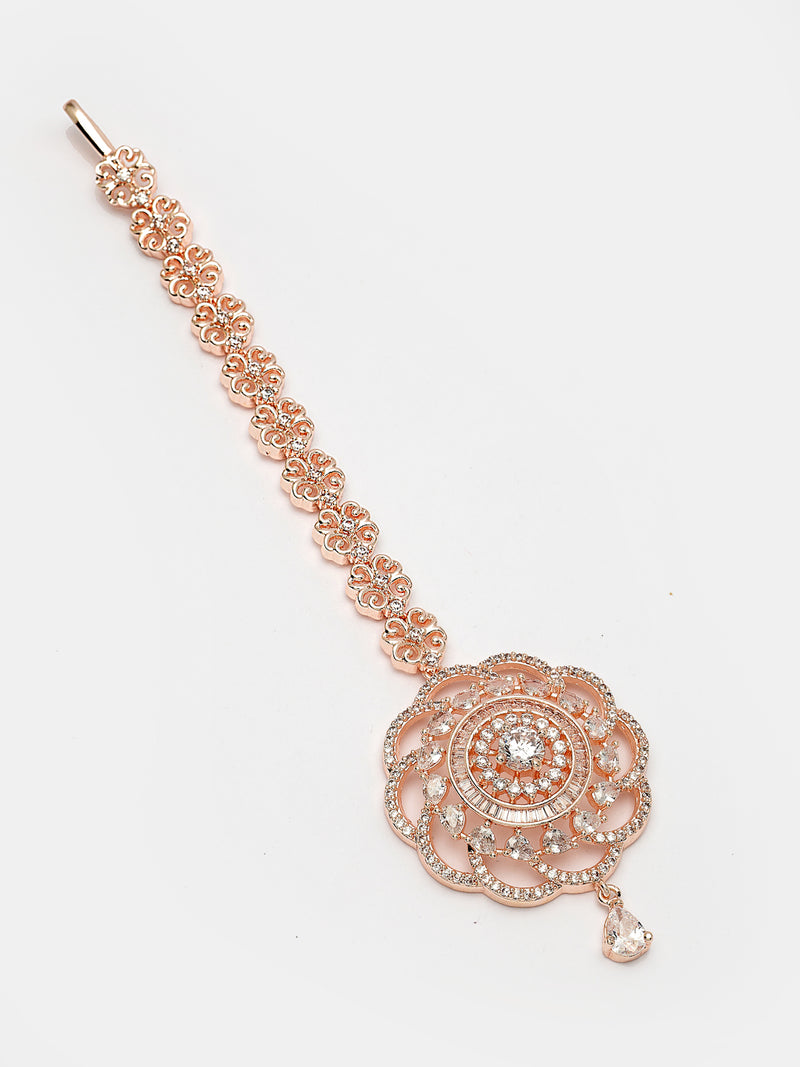 Rose Gold Plated with Beautiful Circular Design American Diamonds Studded Maang Tikka