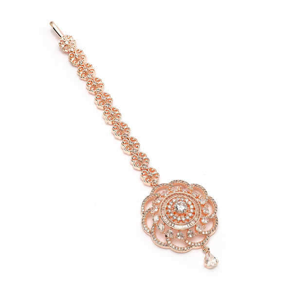 Rose Gold Plated Silver Toned Round White American Diamonds Studded Maang Tikka