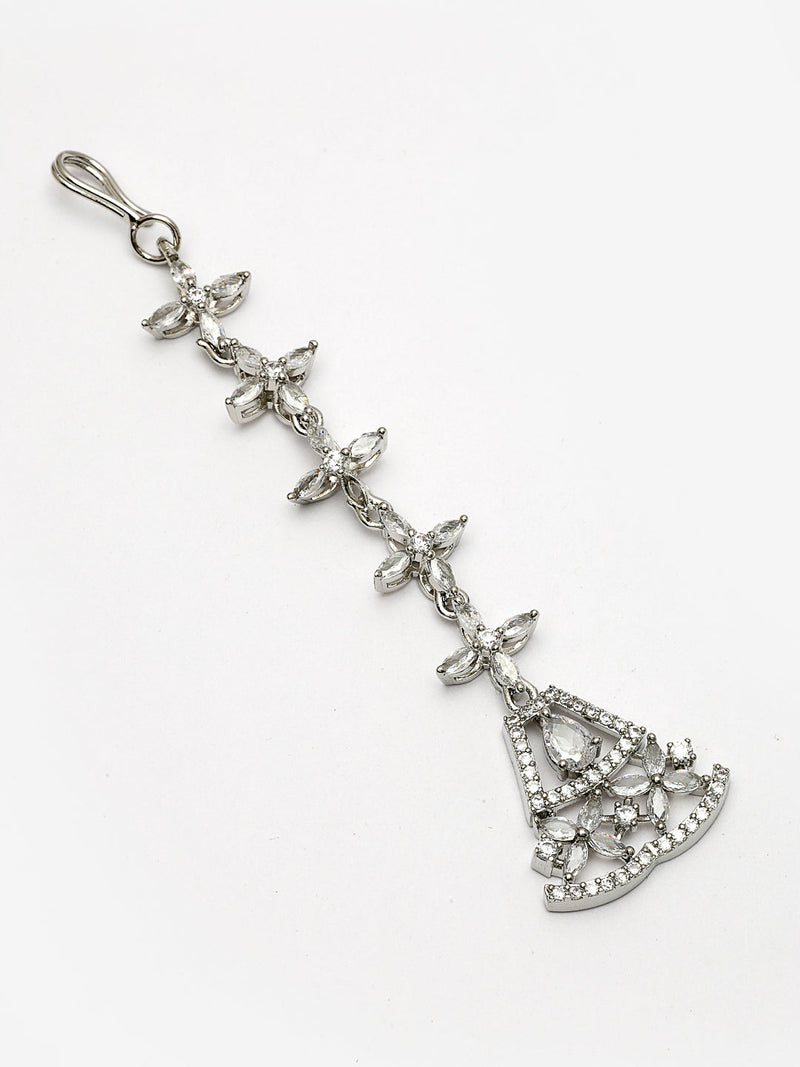 Rhodium Plated Silver Toned Triangle Shaped White American Diamond Studded Maang Tikka
