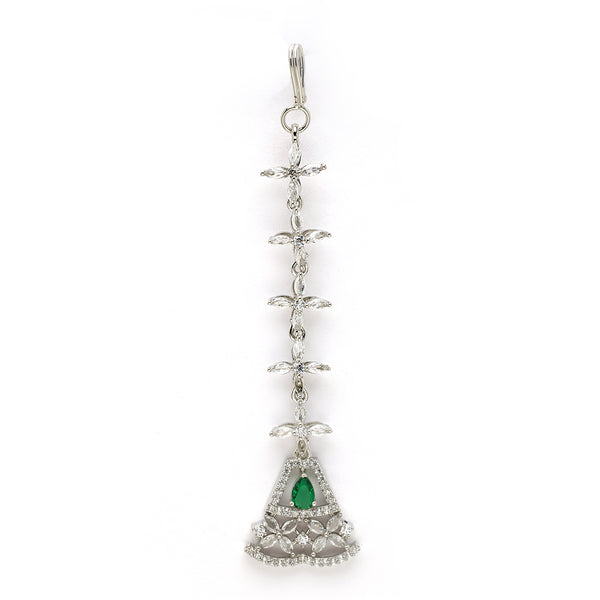 Rhodium Plated Silver Toned Triangle Shaped Green American Diamond Studded Maang Tikka