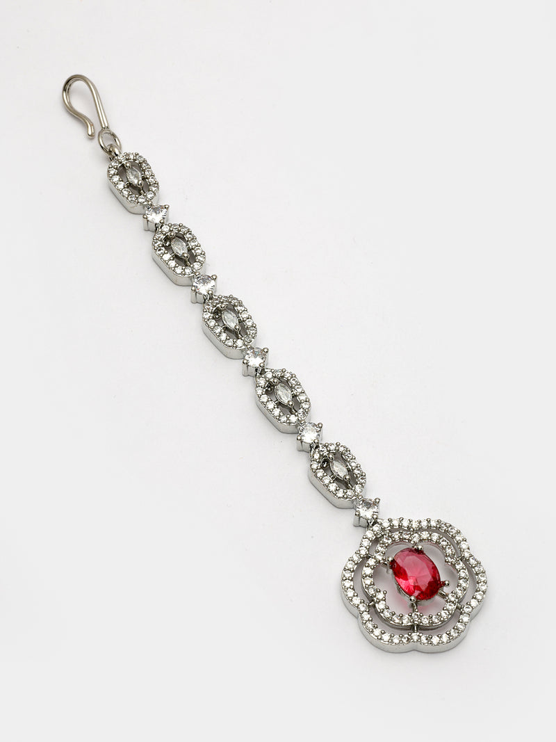 Rhodium Plated with White & Red American Diamond Studded Floral Design Maang Tikka