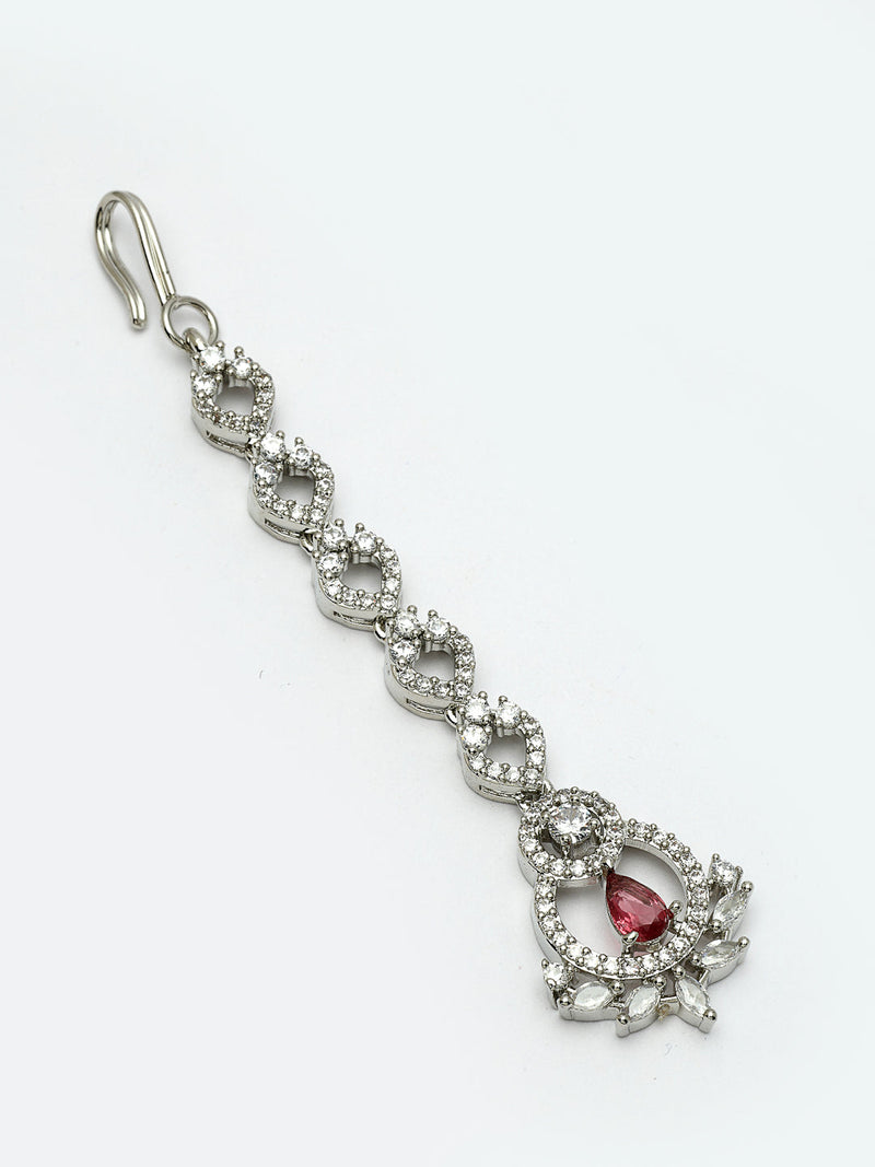 Rhodium Plated Silver Toned  Round & Teardrop Shaped Red American Diamond Studded Maang Tikka