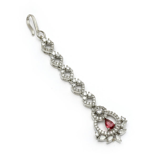 Rhodium Plated Silver Toned  Round & Teardrop Shaped Red American Diamond Studded Maang Tikka