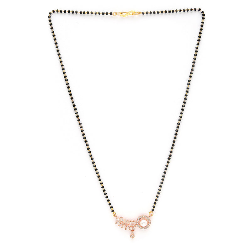 Rose Gold Plated with White American Diamonds Studded Mangalsutra in Feather Design