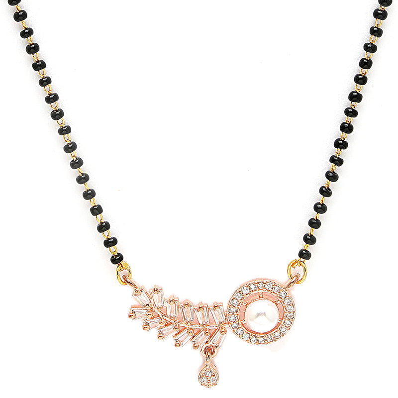 Rose Gold Plated with White American Diamonds Studded Mangalsutra in Feather Design