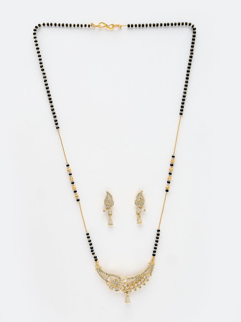 Gold Plated with White American Diamonds Studded Mangalsutra with Earrings