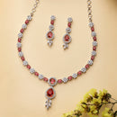 Silver Plated Brass AD Teardrop Halo Necklace & Earrings Rhodium Finish Jewellery Set