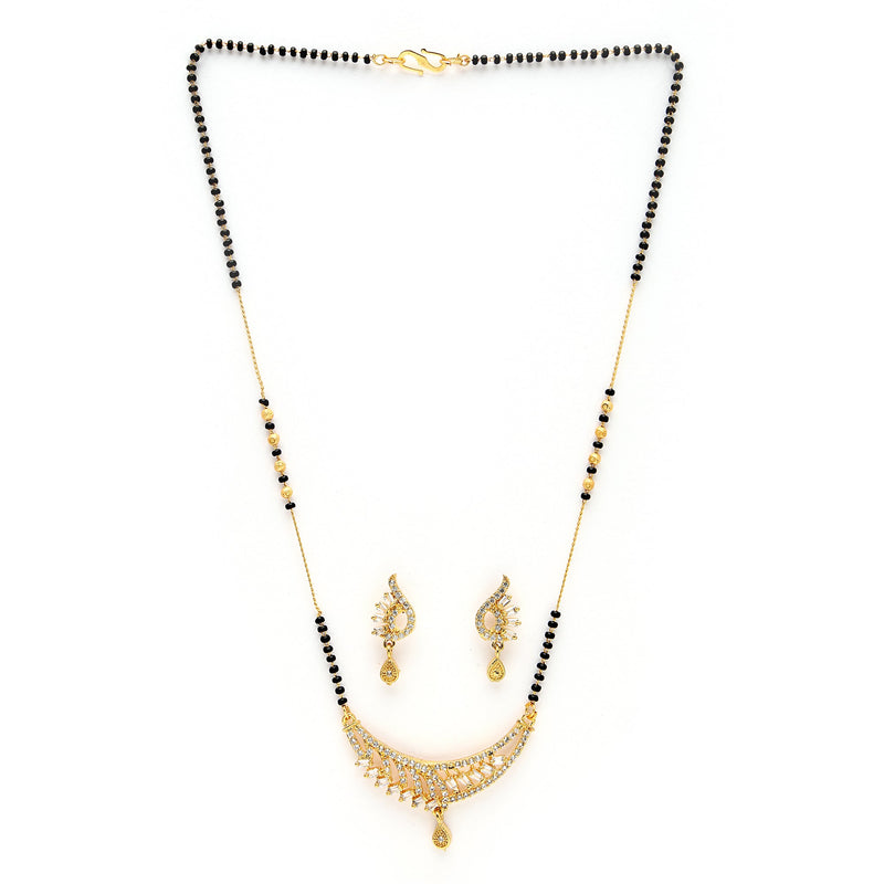 Tradiitional Gold Plated Black Bead Emblished Mangalsutra With Earrings